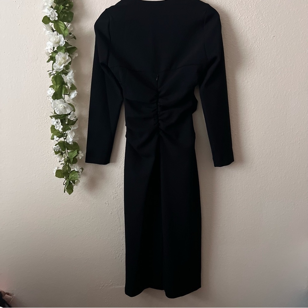 Zara Black Long Sleeve Square Neck Ruched Draped Ponte MIDI Dress - Picture 7 of 11